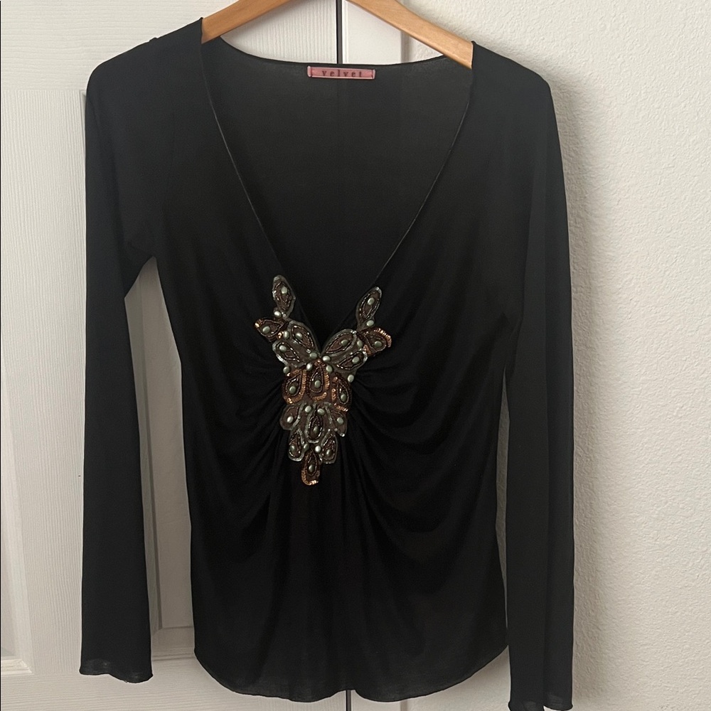 Velvet Black Long Sleeve Top with Embellishments